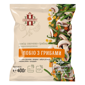ЗАМОРОЖЕНА овочево-грибна суміш " лобіо з грибами" від виробника ТОВ ХАЙБЕРРІ фасовано для ТМ HIGHBERRY, заморожена овочева суміш, заморожені овочі купити. 